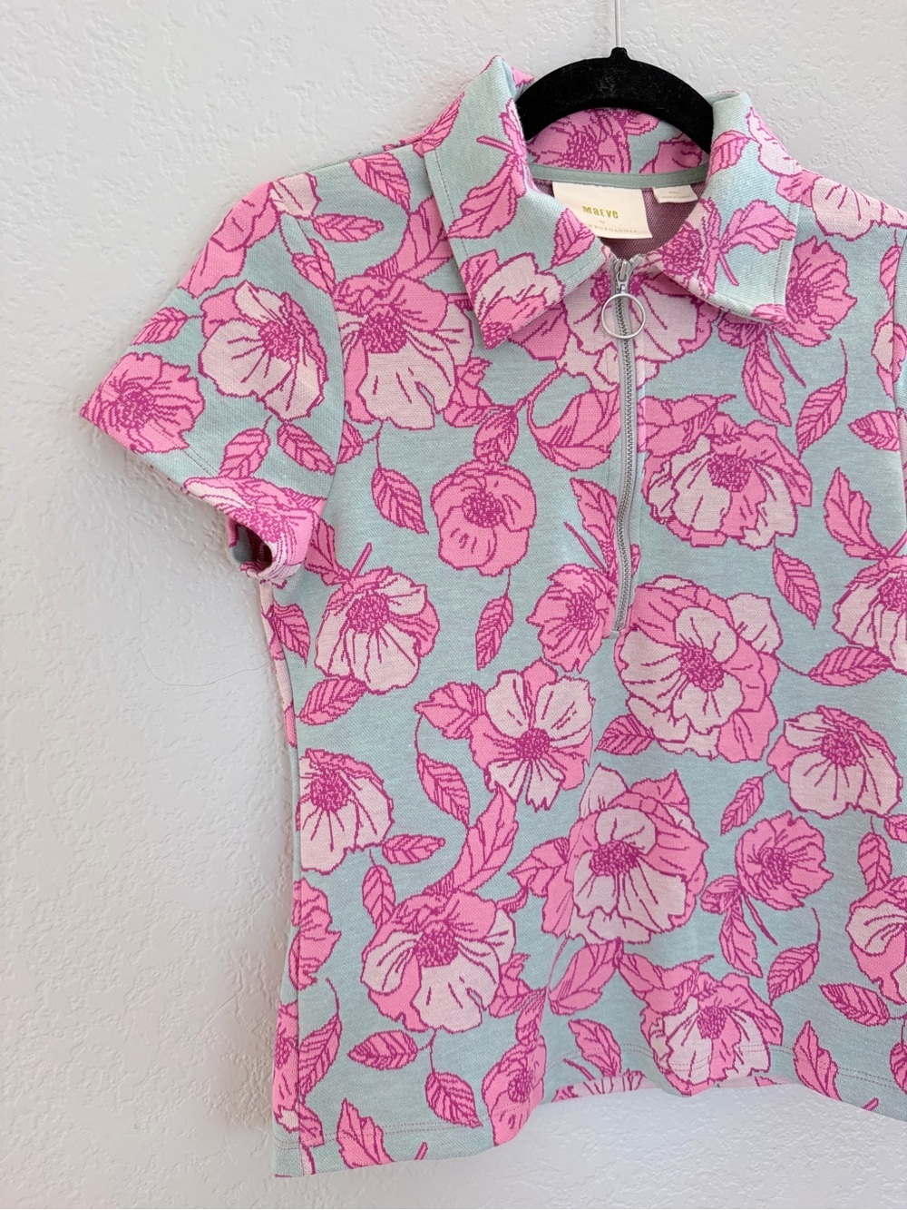 Maeve by Anthropologie Floral Jacquard Zip-Up Polo Top | Pink & Mint | Size S - Picture 3 of 9